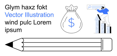 Financial planning, growth, savings, investment, education, analysis. A pencil, money bag with dollar sign and person using search bar for data analysis. Financial growth and savings concept