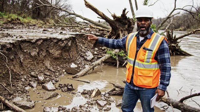 Male engineer in safety gear writes notes on muddy riverbank with fallen trees. He assesses environmental damage after storm. Perfect for disaster relief and ecology concepts.