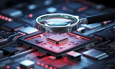 Close-up microchip under magnifying glass.