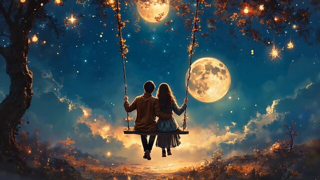 Couple on a swing и Silhouette of couple on a swing. Couple swinging under the moonlight with stars and vibrant sky  