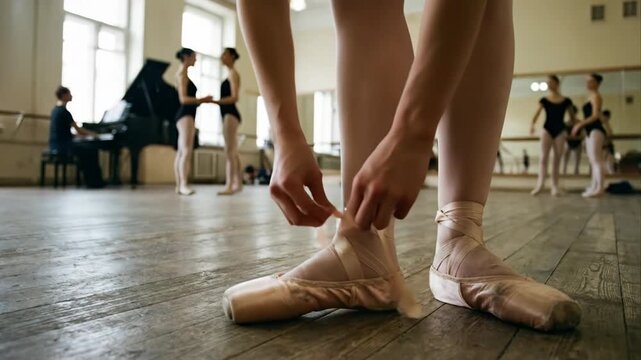Dancer preparing shoes, Ballet student adjusting ribbons gracefully, Graceful ballerina preparing for practice session, Classical ballet dancer meticulously fixing pointe shoe ribbons during rehearsal