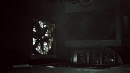 The concrete interior of an industrial building reveals large, old ventilation systems