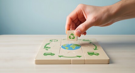 Hand placing recycling symbol on puzzle.