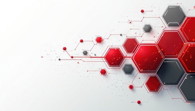 Abstract red and grey hexagons connect with lines forming digital network. Futuristic tech pattern with geometric shapes and circuits creates modern data flow concept.