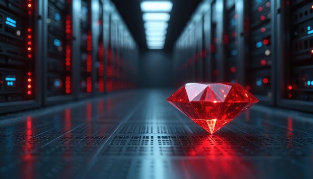 Red gem rests on floor of futuristic server room. Shiny diamond reflects server racks with glowing red lights. Data center has modern tech hardware and blue ceiling lights.