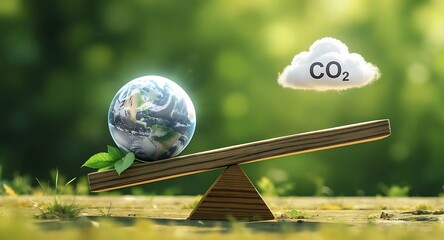 Earth on balance with green leaf CO2.