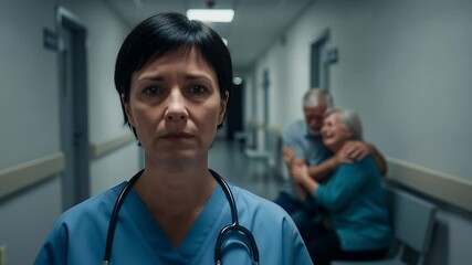 Doctor walking towards the camera with tear falling down her cheek and distressed senior couple crying in the blurred background, mourning in hospital hallway after the doctor delivered bad news