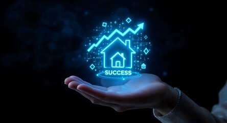 Hand holding glowing house success icon.
