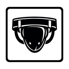 Black and white illustration of a jockey's helmet in a square frame