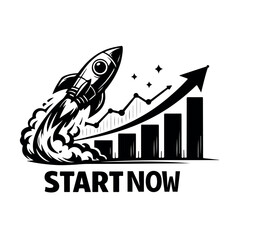 Black and white illustration of a rocket launching upwards with a growing bar graph and 'START NOW' text