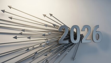 Strategic foresight for 2026 with convergent metallic arrows visualizing future aspirations