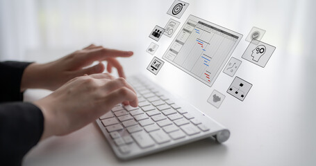 Project management dashboard showing timeline, tasks, milestones, and workflows for planning,...