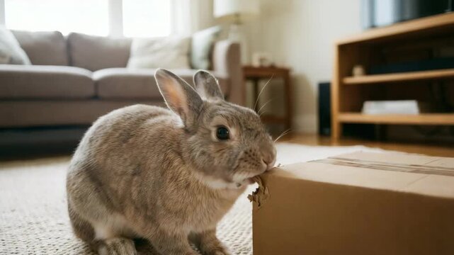 Domestic rabbit with curious playful mood chewing cardboard box inside cozy living room background