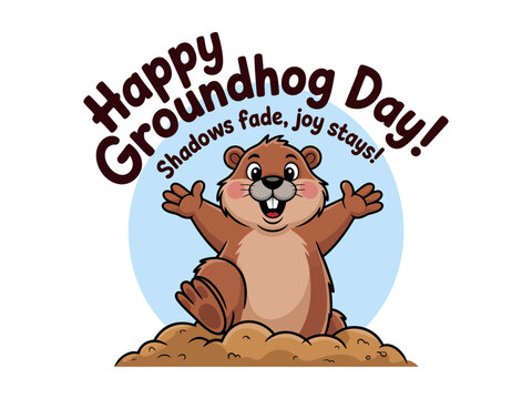 A cheerful cartoon groundhog celebrating Groundhog Day with a joyful expression and outstretched arms.