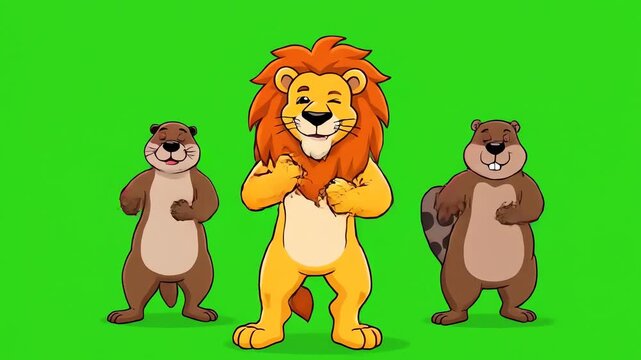 A cheerful animated lion, otter, and beaver stand together with raised arms, happily dancing and celebrating their friendship in a fun, colorful cartoon style against a bright green screen.