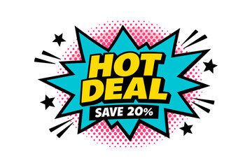 Colorful hot deal badge with 20% discount pop art style