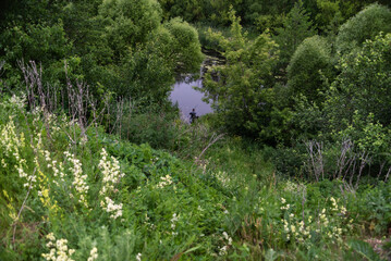 Person fishing by a lush green riverbank in a serene forested area
