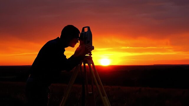 Silhouette of male surveyor working with theodolite against dramatic orange sunset sky. Concept of construction, engineering and geodesy work. Ideal for industrial banners.