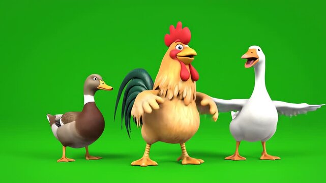 A humorous 3D animated scene features a cheerful rooster, a mallard duck, and a white goose walking, talking, and performing together against a vibrant green screen backdrop, ready for visual.