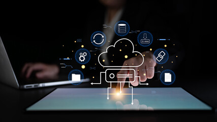 A cloud storage and data synchronization service ecosystem. A concept of cloud computing for file storage, backup, and sharing across devices. Motif