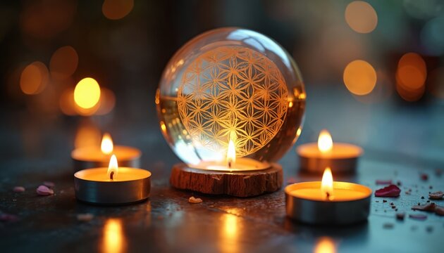 Sacred geometry flower of life symbol etched on glass sphere. Lit candles create mystical ambiance with soft bokeh lights and reflections. Peaceful ritual setting indoors.