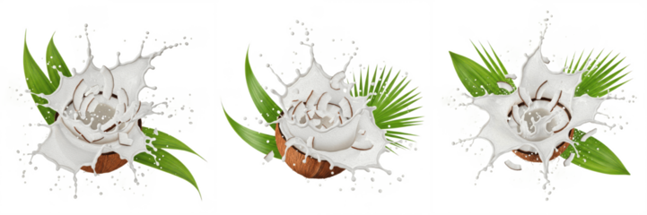 Coconut fruit Cocos nucifera, coconut with juice splash, green coconut brown coconut young coconut mature coconut copra oil paint