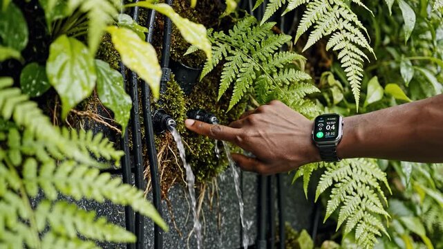 Close up of hand touching irrigation dripper on lush vertical garden wall. Concept of smart gardening technology and plant care maintenance. Perfect for eco living and tech videos.