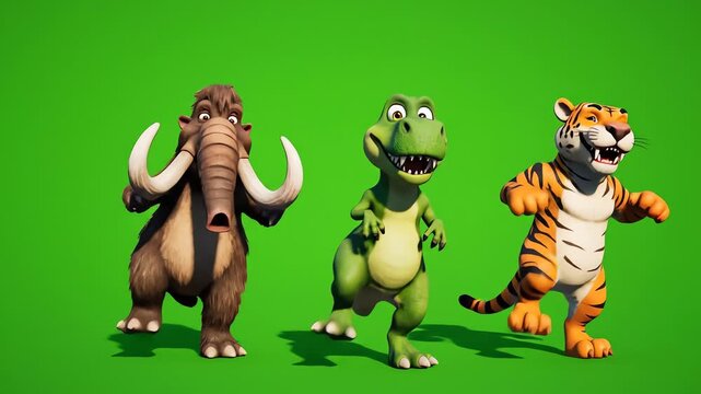 Three cheerful animated prehistoric creatures, including a woolly mammoth, a Tyrannosaurus Rex, and a saber toothed tiger, happily stand together and perform dynamic, expressive poses against.