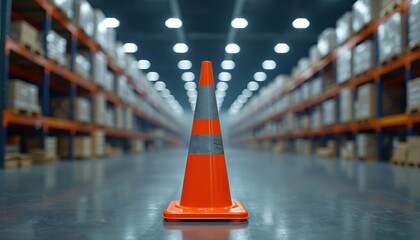 Obraz premium Orange traffic cone stands in a vast warehouse aisle between tall shelves filled with boxes. Safety marker separates space in storage facility with organized racks under bright ceiling lights.
