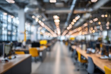 Obraz premium Open Office Scene With Modern Desks And Yellow Chairs In A Bright Industrial Workspace, Conveying Busy Teamwork And Contemporary Productivity