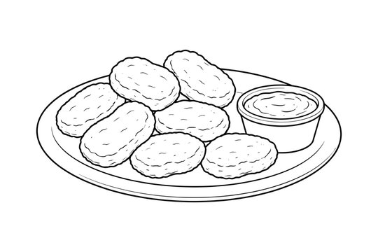 Plate of chicken nuggets with dipping sauce line art drawing