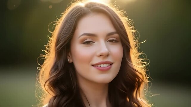 Outdoor portrait video of a young female standing naturally with soft backlighting creating a gentle rim glow around the hair