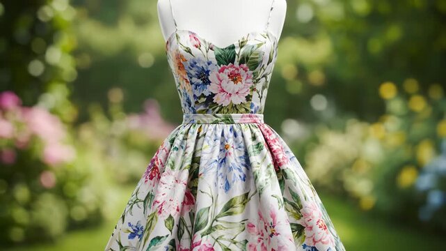 A beautiful floral dress design comes to life on a canvas. This elegant garment features vibrant flowers, perfect for spring.