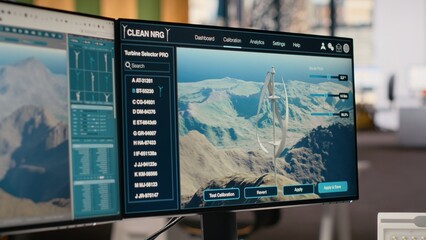 Futuristic vertical wind turbine CAD design used for green energy research in engineering office. Software interface on PC with digital modeling of advanced clean wind VAWT energy generator gear
