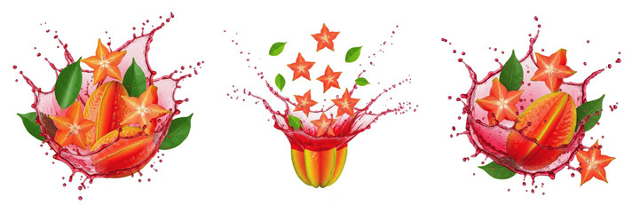 Starfruit fruit Averrhoa carambola, starfruit with juice splash, yellow starfruit green starfruit carambola five-pointed fruit balimbing oil paint