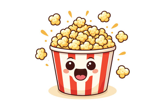 Cute cartoon popcorn bucket with smiling face and popped kernels