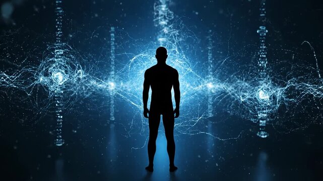 A captivating visual of a human silhouette within a dynamic blue energy field, symbolizing technology and spiritual connection.