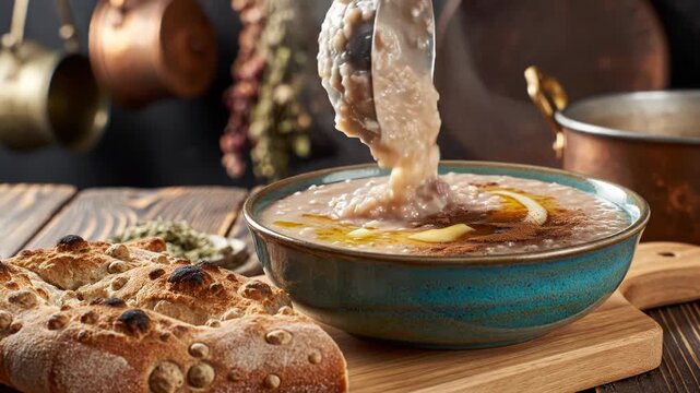 Serving Persian halim with noon sangak