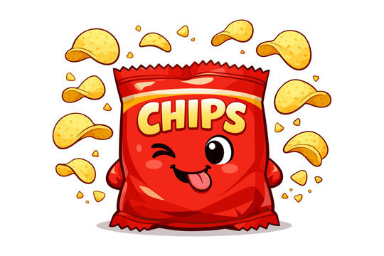 Playful cartoon chips bag with happy face surrounded by floating potato chips