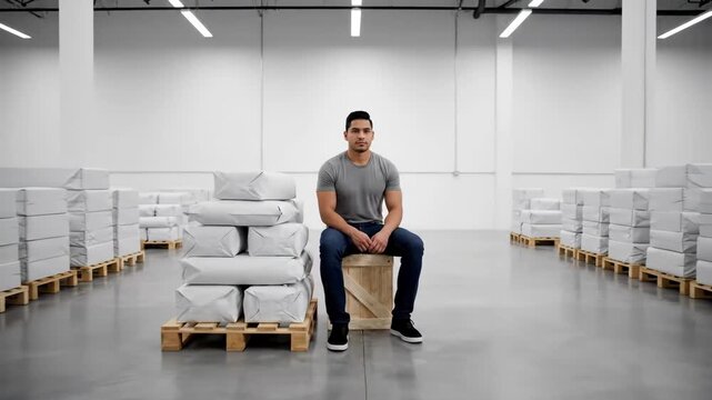 A confident young man sits on a wooden crate in a large, well-lit warehouse with rows of inventory. He represents efficiency and modern logistics in a clean, organized storage facility.