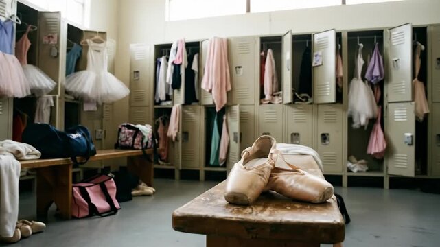 A ballet school's dressing room for women is in disarray, with pointe shoes prominently displayed.