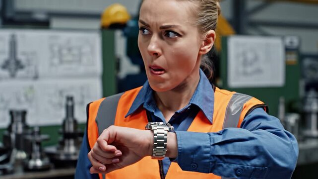 Female worker in safety vest checks watch impatiently and crosses arms. Stressed employee worries about deadline or delay in industrial setting. Concept of lateness and time management.
