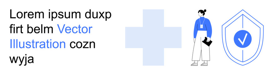 Fototapeta premium Medical services, healthcare security, identity verification, technology, protection, safety. A person stands beside a shield with a check mark and a cross symbol. Healthcare and security focus