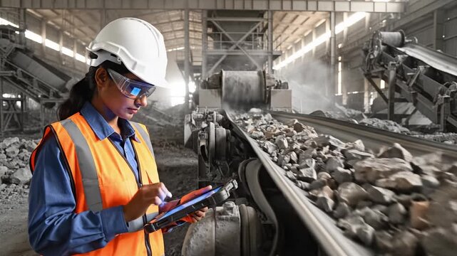 Female engineer with tablet monitors ore conveyor belt in dusty mining plant. Scene depicts industrial technology and safety. Ideal for manufacturing, mining, and engineering visuals.