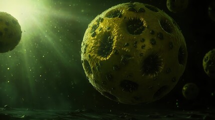 Microscopic view of a resilient pathogen glowing under illuminated light rays in a dark environment