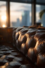Obraz premium Luxurious Tufted Leather Sofa Bathed in Sunset Light by City Window — Warm, Cozy Living Room Interior with Rich Texture and Golden Hour Glow