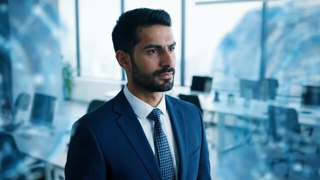A focused businessman stands in a contemporary office, contemplating future strategies and technological integration.