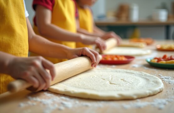 Children wear yellow aprons making dough for pizza. Kids use rolling pins to flatten pastry on a wooden table. Fun cooking class indoors teaches little chefs.