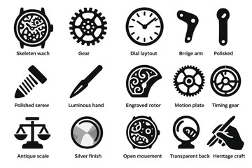 Iconic Watch Components. Solid style icons of Classic Horological Design: skeleton watch, intricate gear, dial layout, bridge arm,
