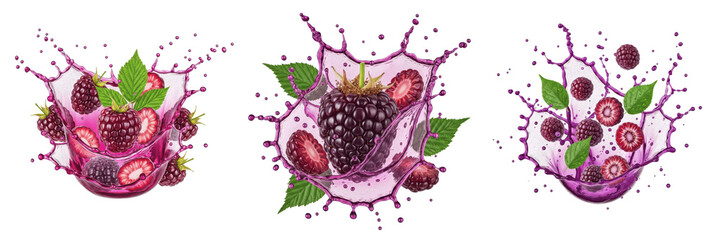 Boysenberry fruit Rubus ursinus x Rubus idaeus, boysenberry with juice splash, hybrid berry blackberry raspberry cross oil paint © Tippu